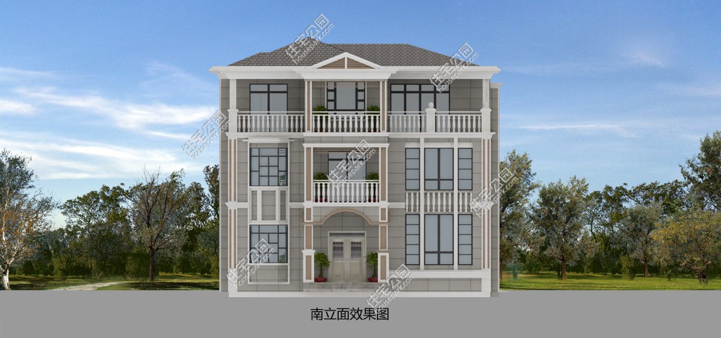 前后庭院欧式罗马柱新农村三层别墅自建房