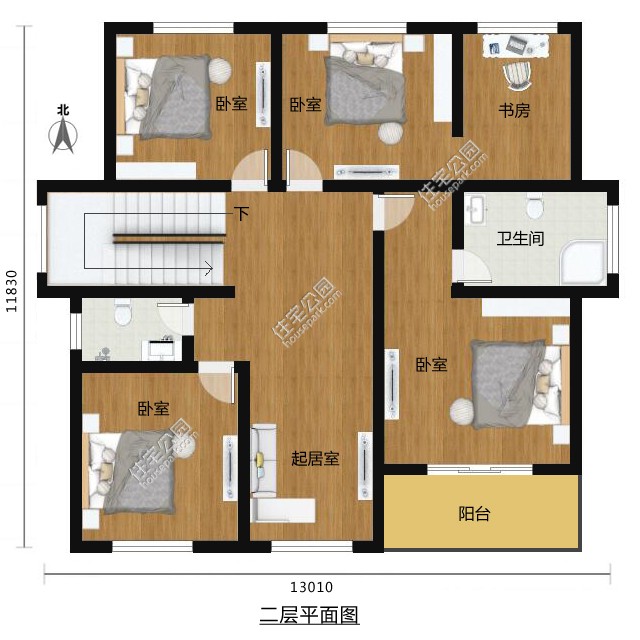 该户型设5室3厅3卫1厨1车库,适合有3位以上的人口家庭居住。建筑立面风格现代农村简约风格,整洁的米黄色的外墙腻子搭配橘红色琉璃瓦,包涵着浓厚乡村风格的小木护栏、小露台,规则的形体,力图用最简单实用的设计语言设计出最经久耐看的房子。